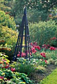 TULIP MAY TIME WITH BLUE OBELISK IN THE SUMMERHOUSE GARDEN.ARROW COTTAGE  HEREFORDSHIRE