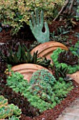 GARDEN OF SUCCULENTS IN ROBERT CLARKS GARDEN DESIGNED BY ARCHIE DAYS: CRUSHED LAVA  ECHEVERIAS  SEDUMS AND ALOES