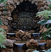 WATER FEATURE: WATER CASCADES FROM APOLLO INTO GIANT CLAM SHELLS AND OVER VOLCANIC TUFA ROCKS. GROTTO. THE CASCADE GARDEN  MYLES CHALLIS/ PARAMOUNT PLANT  CHELSEA 99
