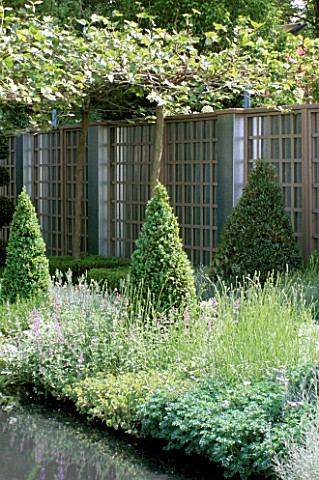 METAL_AND_WOOD_TRELLIS_SCREEN_WITH_GREY_BORDER__TAXUS_YEW_TOPIARY_AND_PLATANUS_ACERIFOLIA_CHRISTIES_