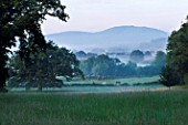 EARLY MORNING MIST ON THE SOUTH DOWNS LOOKING ACROSS THE GRASS TO THE TREES AND HILLS BEYOND. NYEWOOD HOUSE   WEST SUSSEX..