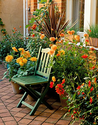 A_PLACE_TO_SIT_GREEN_WOODEN_CHAIR_WITH_CONTAINERS_ON_THE_TERRACOTTA_PATIO_PLANTED_WITH_CORDYLINE_AND