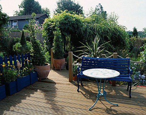 A_PLACE_TO_SIT_BLUE_BENCH__MOSAIC_TABLE_ON_RIBBED_DECKING_TWO_TOPIARY_BAY_TREES_LEAD_TO_TINY_KITCHEN