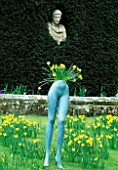 SURREALIST INSPIRED IMAGE OF MANNEQUIN LEGS PLANTED   AND SURROUNDED BY NARCISSI. WITH CLASSICAL BUST IN HEDGE BEHIND.  DESIGNED BY IVAN HICKS. GROOMBRIDGE PLACE  KENT.