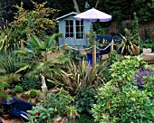 SLOPING BACK GARDEN WITH UPPER DECK OF DECKING WITH ROPE EDGING  BLUE SUMMERHOUSE  PHORMIUM  TRACHYCARPUS FORTUNEI AND PARASOL. ROBIN GREEN & RALPH CADES GARDEN  LONDON