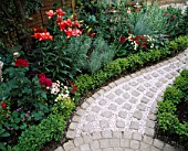 CURVING PATH WITH BRICK SETTS AND PINK GRAVEL MULCH SURROUNDED BY BOX BALLS  RED LILIES   ROSES AND NICOTIANA. DESIGNER ANDREW ANDERSON