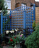 BLUE TRELLIS SEAT WITH LILIES BACKED BY BAMBOO FENCE. DESIGNER ANDREW ANDERSON