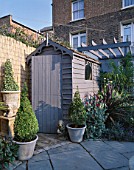 ORNATE SHED PAINTED GREY WITH BO BALL  CORDYLINE LYCHNIS CORONARIA  TRACHYCARPUS AND BAMBOO FENCE. DESIGNER: ANDREW ANDERSON