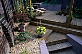GARDEN WITH DECKING DESIGNED BY JOE SWIFT: MAPLE IN POT  HOSTA IN POT  LOUNGERS     SHELL MULCH AND STEPS DOWN TO BASEMENT