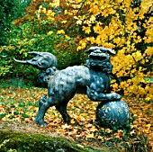 A BRONZE CHINESE LION STANDS IN FRONT OF ACER SACCHARUM. BATSFORD ARBORETUM  GLOUCESTERSHIRE