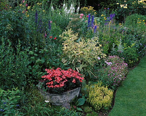 RED_GABLES__WORCESTERSHIRE_HERBACEOUS_BORDER_AND_GRASS_WALK_WITH_URN_PLANTED_WITH_PELARGONIUM_RED_GA