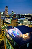 FIFTH FLOOR ROOF GARDEN WITH NEON LIGHTING AND BLACK SLATE WITH ST PAULS CATHEDRAL IN THE BACKGROUND. GARDEN DESIGNED BY STEPHEN WOODHAMS.