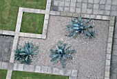 GIANT AGAVES IN GRAVEL AT THE WATER GARDENS  LONDON. GARDEN CREATED BY TONY HEYWOOD OF CONCEPTUAL GARDENS