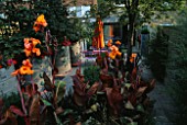 VIEW TOWARDS FLAT WITH ORANGE CANNAS AND CONCRETE DRAINAGE CONTAINERS PLANTED WITH BUSY LIZZIES. DESIGNER: STEPHEN WOODHAMS