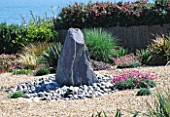 SEASIDE GARDEN  GUERNSEY: VIEW OUT TO SEA AND THE ISLAND OF SARK WITH GRAVEL GARDEN  SLATE WATER FEATURE  PEBBLES AND THRIFT