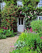 DESIGNER: JANE RUSSELL  MILLE FLEURS  GUERNSEY: OLD FRONT DOOR WITH ROSA LA FRANCE  CALLISTEMON  FUCHSIA AND GLADIOLUS COMMUNIS BYZANTINUS