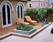 WOOD AND LIMESTONE TERRACE BESIDE HOUSE WITH SUN LOUNGERS AND AGAVE AMERICANA AND AGAVE AMERICANA VARIEGATA.  DESIGN : AMIR SCHLEZINGER/ MY LANDSCAPES
