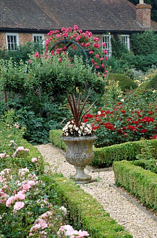 THE_PRIORY__BEECH_HILL__BERKSHIRE_THE_NEW_ROSE_PARTERRE_WITH_BOX_EDGING__STONE_URN_WITH_PHORMIUM_AND
