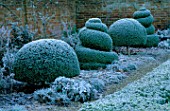 WEST GREEN HOUSE GARDEN  HAMPSHIRE: CLIPPED BOX TOPIARY SHAPES IN THE ALICE IN WONDERLAND GARDEN IN FROST IN WINTER