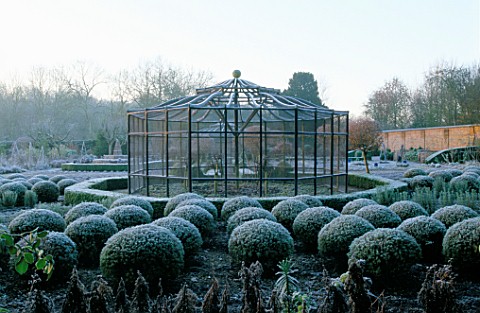 WEST_GREEN_HOUSE_GARDEN__HAMPSHIRE_CLIPPED_BALLS_OF_SANTOLINA_IN_THE_POTAGER_WITH_AN_OLD_METAL_FRUIT