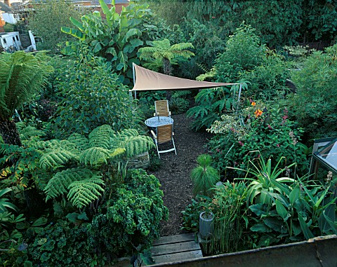 PETER_REIDS_GARDEN__HAMPSHIRE_BACK_GARDEN_FROM_UPSTAIRS_WITH_PLACE_TO_SIT_OF_SAIL_CANOPY_AND_DINGHY_