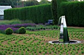 DOWNDERRY NURSERY  KENT: OBELISK WATER FEATURE  LAVENDER AND HEDGE