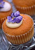 DESIGNER: CLARE MATTHEWS - FLOWERS FOR EATING - FAIRY CAKE DECORATED WITH VIOLA