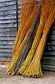 WINDRUSH WILLOW  DEVON: STEAMED BLACK MAUL WILLOW WITH FRESH CUT GOLDEN WILLOW (SALIX ALBA X SALIX FRAGILIS) LEANING AGAINST THE SHED