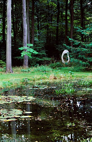 VIEW_THROUGH_WOODLAND_ACROSS_A_LAKE_TO_A_SCULPTURE_DESIGNER_DUNCAN_HEATHER__GREYSTONE_COTTAGE__OXFOR