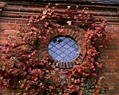 PACKWOOD HOUSE  WARWICKSHIRE: AUTUMNAL VINE AROUND SMALL WINDOW IN TOWER