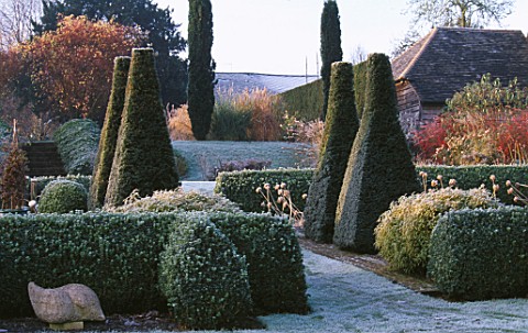 PETTIFERS__OXFORDSHIRE_THE_PARTERRE_IN_WINTER_WITH_CLIPPED_BOX_AND_YEW