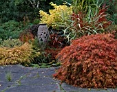 SMALL POND WITH ACER DISSECTUM AND GRANITE URN RESTING IN AUTUMNAL BORDER  DESIGNER: BRIAN CROSS  LAKEMOUNT  IRELAND
