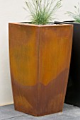 RUST COLOURED FIBREGLASS CONTAINER PLANTED WITH FESTUCA. DESIGN BY GREEN INTERIORS