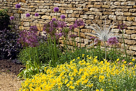 A_DELICATE_GLASS_SCULPTURE_BY_NEIL_WILKIN_BESIDE_A_STONE_WALL_AND_BORDER_PLANTED_WITH_ALLIUMS_AND_HE