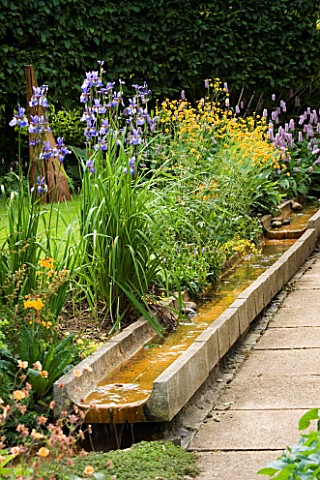 IRISES__PRIMULAS_AND_GEUMS_BESIDE_A_RILL__NEXT_TO_A_PATH_AT_WINGWELL_NURSERY___RUTLAND_IN_THE_BACKGR