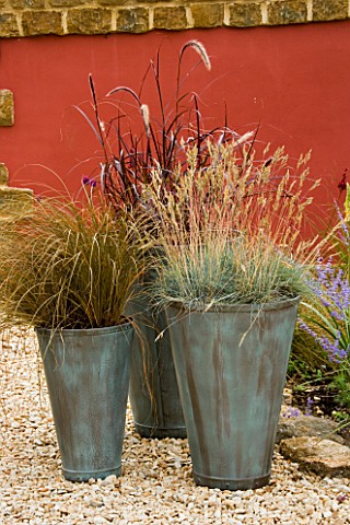 GROUP_OF_THREE_CONTAINERS_PLANTED_WITH_ORNAMENTAL_GRASSES_CAREX__PENNISETUM_AND_FESTUCA_GLAUCA_STAND