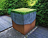 RIDLERS GARDEN  SWANSEA  WALES: LEAD AND RUSTY METAL CONTAINER PLANTED WITH BOX TABLE : DESIGNER: TONY RIDLER