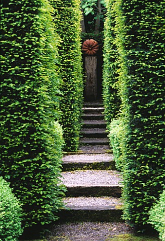 RIDLERS_GARDEN__SWANSEA__WALES_VISTA_ALONG_PATH_TO_FOCAL_POINT_WITH_YEW_HEDGES_EITHER_SIDE__DESIGNER
