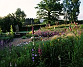 CLARE MATTHEWS GARDEN  DEVON: THE GRAVEL GARDEN WITH YELLOW KNIPHOFIAS  NEPETA WALKERS LOW  FOXGLOVES  SLATE  LARGE EMPTY URN (CONTAINER)  AND WOODEN THRONE CHAIR