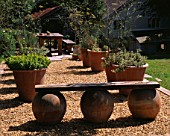 CLARE MATTHEWS GARDEN  DEVON: TERRACE BEHIND THE HOUSE WITH LARGE TERRACOTTA CONTAINERS PLANTED WITH HERBS  WOODEN SEAT AND TABLE AND CHAIRS
