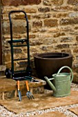 TOOLS FOR CONTAINER GARDENING - WATERING CAN  TROWEL SECATEURS AND TROLLEY