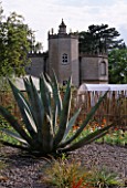 PAN GLOBAL PLANTS  GLOUCESTERSHIRE: VIEW OF FRAMPTON COURT ORANGERY FROM THE WALLED GARDEN WITH AGAVE AMERICANA IN THE FOREGROUND