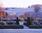 PETTIFERS  OXFORDSHIRE: THE PARTERRE IN FROST. WINTER  TOPIARY