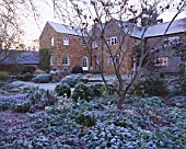 THE HOUSE AT PETTIFERS  OXFORDSHIRE  IN FROST  WITH ASTRANTIAS AND A MAPLE. WINTER  GARDEN