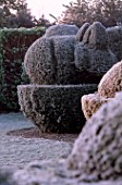 PARSONAGE  WORCESTERSHIRE: FROSTED TOPIARY ON THE LAWN. WINTER