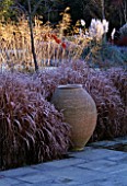 GARDEN DESIGNED BY DUNCAN HEATHER: TERRACOTTA CONTAINER  PAMPAS GRASS AND STIPA GIGANTEA IN WINTER