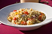 BARBEQUE PROJECT: COUSCOUS WITH RED ONIONS  YELLOW PEPPERS AND TOMATOES. DESIGNER  CLARE MATTHEWS. FOOD