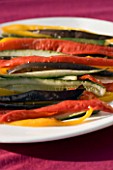 BARBEQUE PROJECT: PLATE WITH CHARGRILLED PEPPERS AND COURGETTES. DESIGNER; CLARE MATTHEWS. FOOD