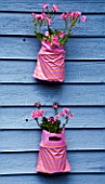 DESIGNER: CLARE MATTHEWS - PINK PLASTIC PARTY BAGS ON BLUE FENCE PLANTED WITH PINK FLOWERS