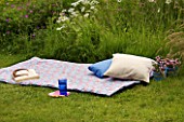 DESIGNER CLARE MATTHEWS: BED ROLL WITH CUSHIONS BESIDE WILDFLOWER AREA ON LAWN